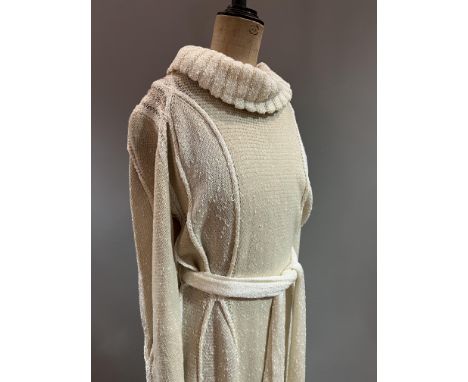 A mixed group of knitwear by Mary Farrin including a winter knit dress with high cowl collar and tie waist in taupe/cream (l.