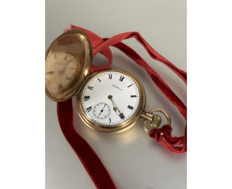 An American Watham full hunter gilt metal pocket watch with enamel dial, roman numerals and subsidiaries&nbsp; dial complicat