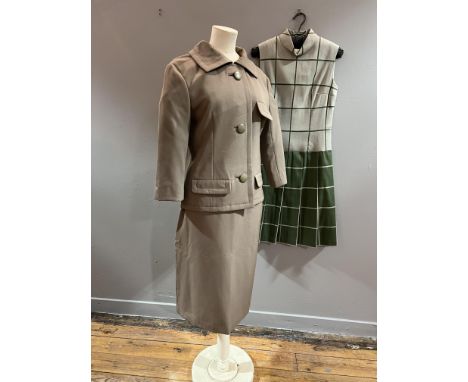 A Christian Dior skirt suit in taupe gaberdine, with fitted Bar style jacket (38") and straight cut skirt (waist: 28" l.25"),