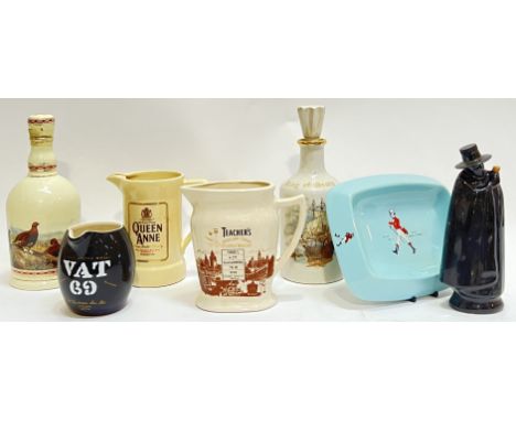 A mixed group of advertising (mainly Whisky) ceramic water jugs/ash trays/bottles etc... comprising Queen Anne, VAT 69 Scotch