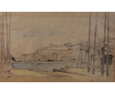 Sir David Young Cameron (Scottish 1865-1945), Dock scene,&nbsp; pencil sketch with charcoal and wash, signed bottom left, in 