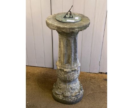 A reconstituted stone sundial, with copper register on a fluted and acanthus leaf moulded pedestal. H80cm