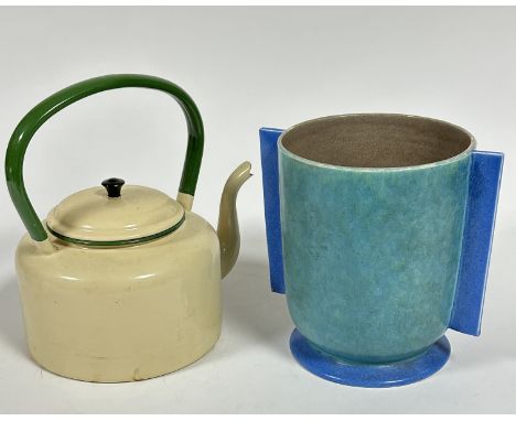 A&nbsp; large 1930s cream and pea green enamel hob kettle, shows little signs of use and a stylish 1930s Poole pottery Art De