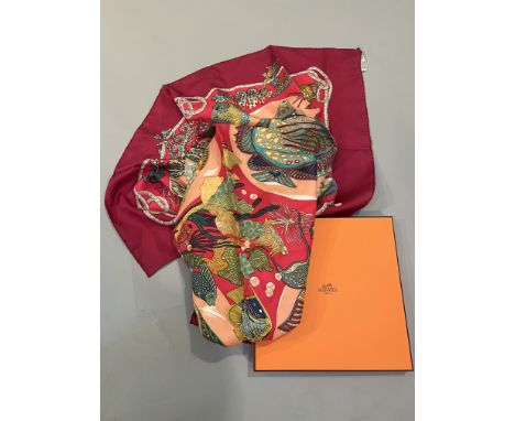 A Hermes silk scarf, red/deep pink ground (35"), complete with box