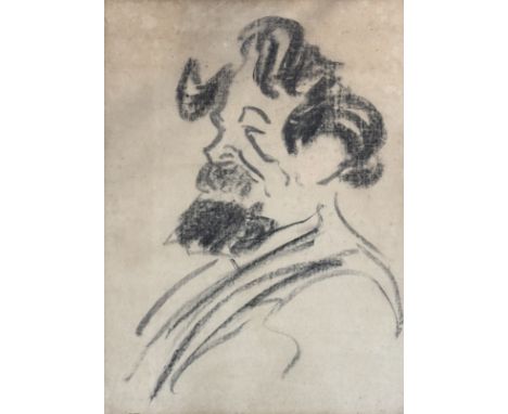 Will Owens (British 1869-1957), Portrait of Charles Dickens, charcoal sketch on brown paper, paper label verso, framed. (64cm