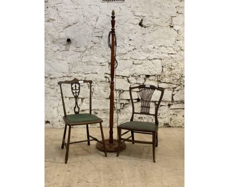 An Edwardian beech framed side chair with upholstered seat and raised on turned supports (H82cm) together with an Edwardian m