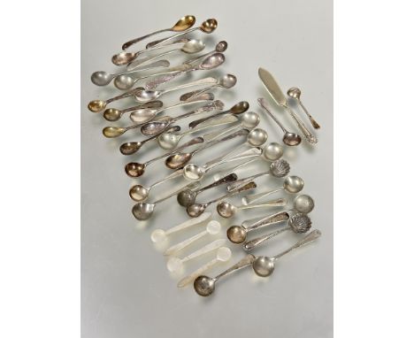 A group of five various silver mustard spoons, 20g, a set of four mother of pearl salt spoons, thirty two Epns mustard and sa