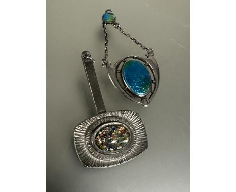A Edwardian Chester Art Nouveau silver enamel pendant of oval shaped design within a shield shaped frame with chain and ename