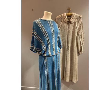 A mixed group of knitwear by Mary Farrin including a bat wing top with skirt in turquoise knit (skirt: l.27"), a loose dress 