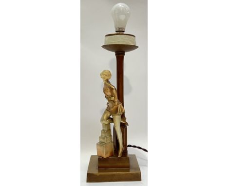 An Art Deco style cast metal and resin figural lamp modelled s a lady posing next to a lamppost (h- 35.5cm excluding bulb)
