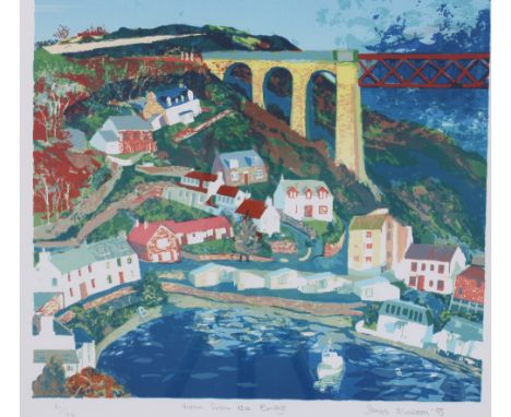 Sonas MacLean 'View from the Bridge', coloured screen print, signed and numbered 6/26, framed under glass, 33 x 30cm 
