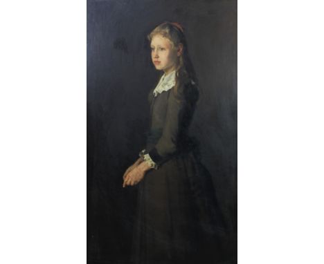 British School, full length portrait of a young girl, oil on canvas, apparently unsigned, framed with an Aitken Dott label ve