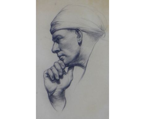 Charcoal sketch of a man in Middle Eastern attire, circa early 20th century, framed under glass, 29 x 46cm 