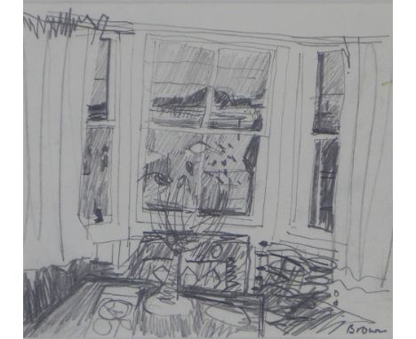 Pencil sketch, view through a window, signed Brown, framed under glass, 13 x 12cm 