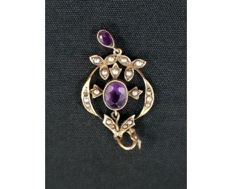 EDWARDIAN 9 CARAT GOLD AMETHYST AND PEARL PENDANT 