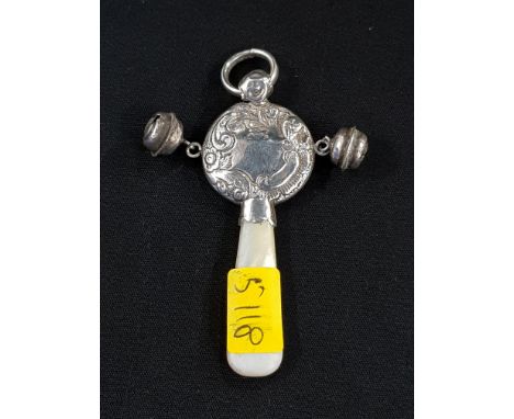 SILVER AND MOTHER OF PEARL VICTORIAN CHILDRENS RATTLE 