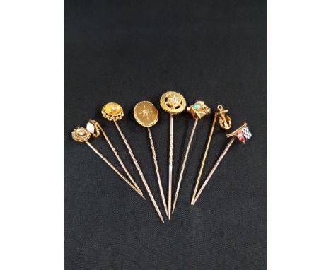 8 GOLD TIE/CRAVATE PINS &amp; TIE SLIDE COMPRISING: 1 X 14 CARAT GOLD PIN WITH 18 CARAT GOLD &amp; DIAMOND HEAD 3GRAMS 1 X 9 