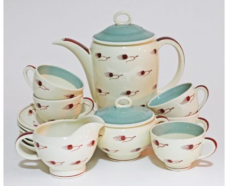 A 14 piece Susie Cooper Crown Works tea set. Condition - saucers marked as seconds, general wear to include loss to decoratio