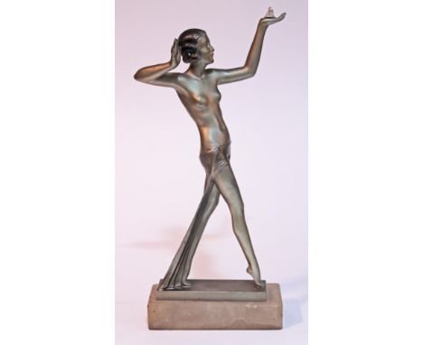 An Art Deco cold painted spelter figure formed as a female nude on onyx base, height 34cm. Condition - previously lamp base b