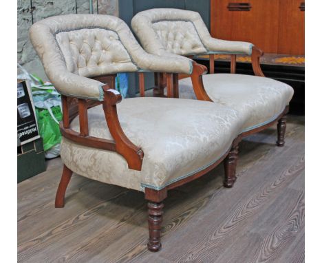 A pair of inlaid Edwardian tub chairs with button backs, width 64cm, depth 67cm & height 72cm. 
