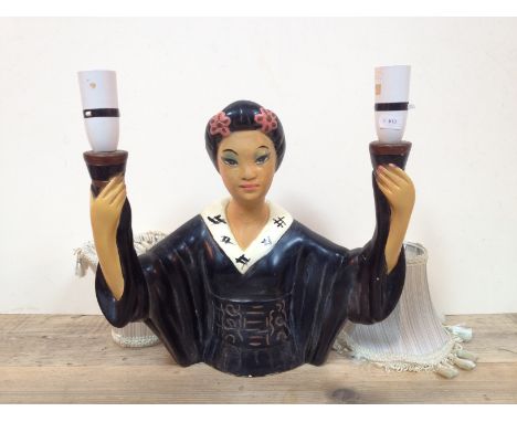 A retro plaster lamp formed as an Oriental lady holder to lamps, height 33cm, with shades.Condition: Old repair to neck as pe