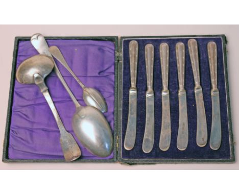 Hallmarked silver comprising a Georgian silver ladle, a desert spoon and another and a cased set of six silver handled knives