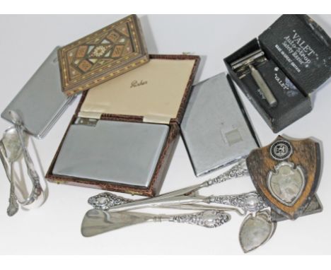 a mixed lot comprising various hallmarked silver and plated ware, two cigarette case lighters, a cigarette case, a Valet razo