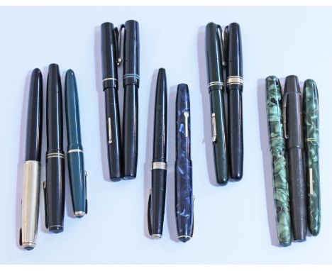 A group of 12 vintage fountain pens comprising three Parker, two Swan, two Conway Stewart, two Waterman's and three others.