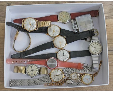 A box of vintage wristwatches including Rotary, Ingersoll, Roamer, Regency etc. together with various ladie's watches and a l