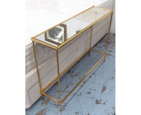 CONSOLE TABLE, mirrored top on gilt finish base, 102cm W x 27cm D x 76cm H. 