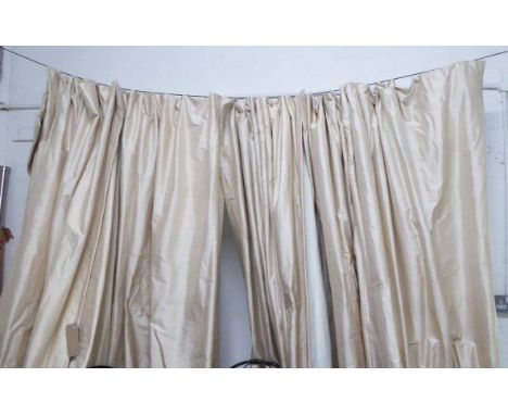 SILK CURTAINS, two pairs, lined and interlined and associated rings and poles, each 217cm W ungathered by 295cm drop. (4)