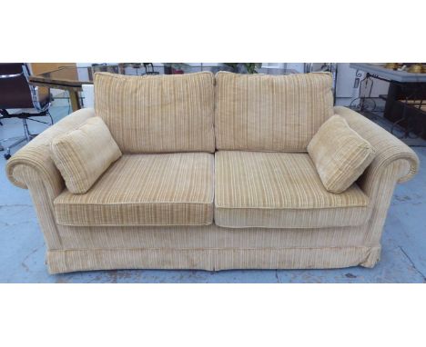 SOFA BED, primrose cotton twill upholstered, with scroll arms, four seat cushions and two side cushions, 190cm W.