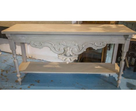 CONSERVATORY CONSOLE TABLE, vintage grey painted with carved frieze and undertier, 140cm x 42cm x 76cm H.