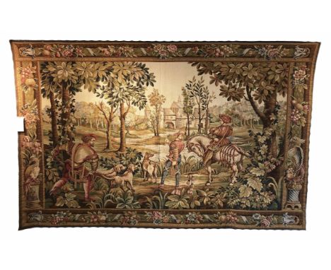 FRENCH VERDURE DESIGN TAPESTRY, 276cm x 176cm, huntsman with dogs in a  landscape.