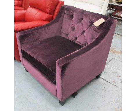 ARMCHAIR, button back in violet fabric on square supports, 68cm W (with faults).