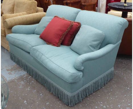 SOFA, Howard style,in blue fabric, with bullion fringe, 180cm W x 90cm H.