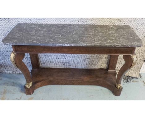 CONSOLE TABLE, Louis Philippe mahogany, with a grey marble top over a frieze drawer, with scrolled front supports with gilt m