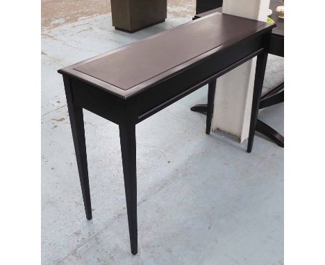 CONSOLE TABLE, contemporary, in dark wood and faux leather top, on square supports, 121cm L x 41cm W x 91cm H.