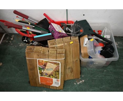 Two boxes of garden tools etc
