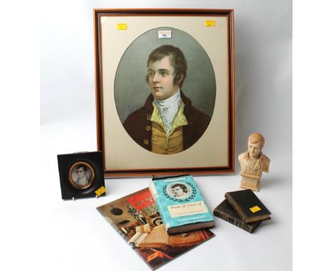 Robert Burns collection, framed picture, miniature portrait, bust, Poems & Songs of Robert Burns by James Barke, two leather 