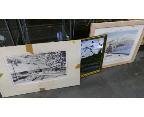 Signed print by D R Elliott "Hard Winter at Grasmere", artists proof of The Officers Mess, Royal Air force, Carlisle, and gee
