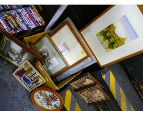 Box of pictures and prints, including two Italian scenes framed by the artist Alan Harvey in bespoke handmade oak frames, ori