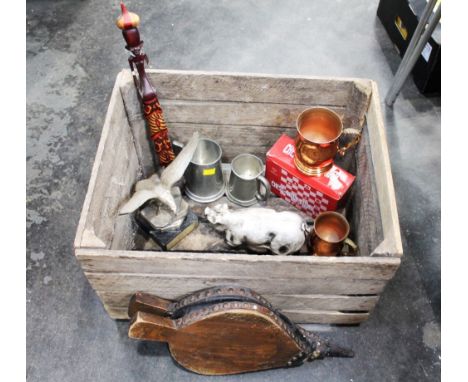 Wooden crate containing bellows, tankards, ornaments, chess game, timer etc  