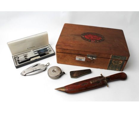 Havana cigar box of ornamental knife, Park calligraphy set, penknives, tape measure etc This lot is not for sale to people un