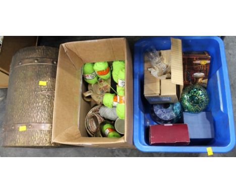 Brass trunk and two boxes of crockery, wool, ornaments 