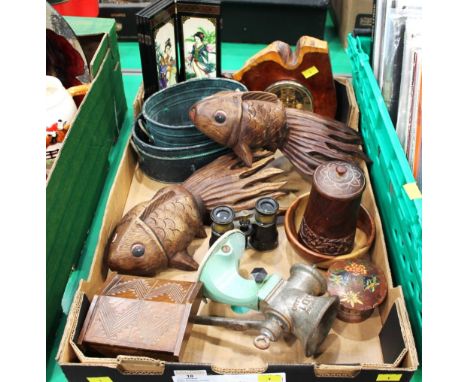 Box of wooden fish ornaments, trinket boxes, Spong mincer, clock, opera glasses etc 