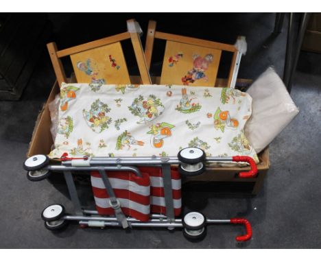 Vintage Agem toy cot and McLaren toy play buggy