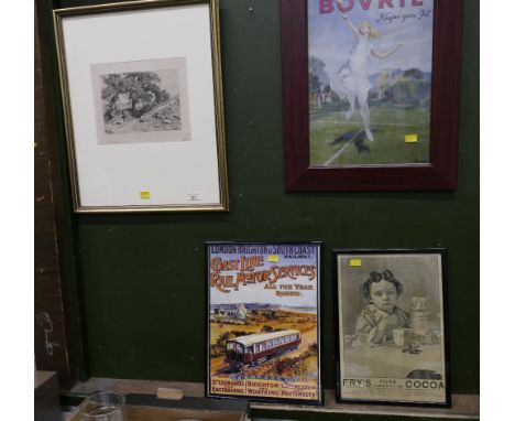 Four pictures and prints, etching of sheep grazing and three advertising pictures for Fry's Coco, The London and Brighton Rai