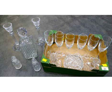 Crystal decanter, champagne glasses, candle holders etc 