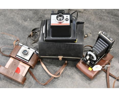 Polaroid Colourpack 80 camera in case, Paxina Instamatic camera and Kodak folding camera